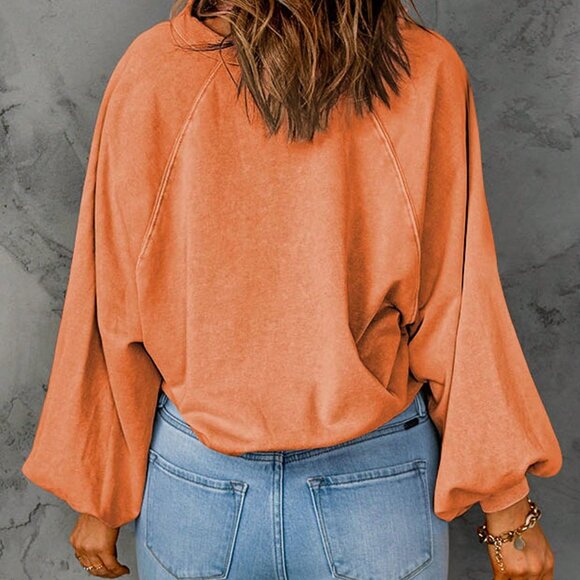 Orange Casual Women's Lantern Sleeve Button Half Placket Loose Sweatshirt - Picture 2 of 11